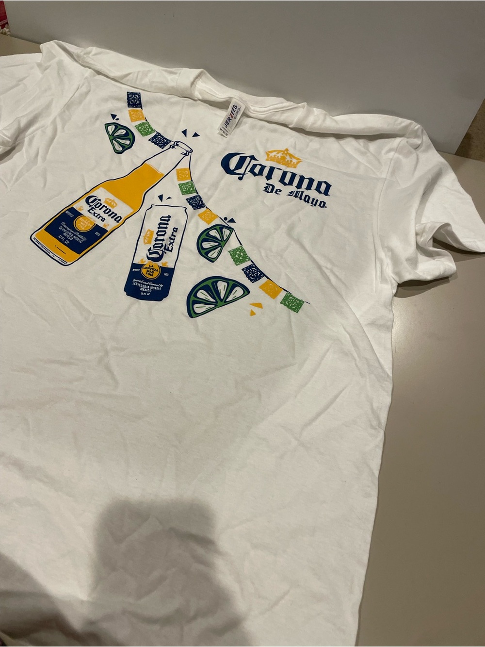 Jerzees White Corona Graphic Tee with Yellow & Blue Bottle Print